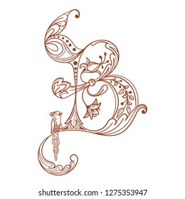 Letter B. Vector letter engraving style with flower and animal. Sketch hand drawn vintage