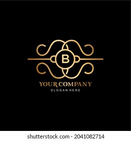 letter B vector logo and gold frame. simple and elegant gold frame line art with letter B .premium letter B vector template