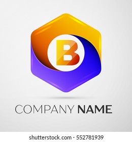 Letter B vector logo symbol in the colorful hexagonal on grey background. Vector template for your design