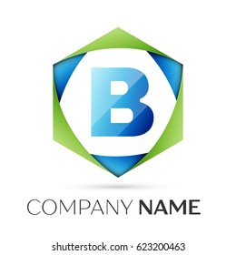 Letter B vector logo symbol in the colorful hexagonal on grey background. Vector template for your design