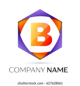 Letter B vector logo symbol in the colorful hexagonal on grey background. Vector template for your design