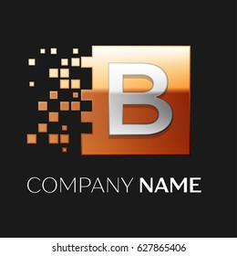 Letter B vector logo symbol in the colorful square with shattered blocks on black background. Vector template for your design