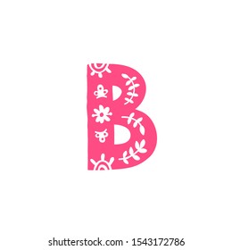 Letter B. Vector. Pink letter with ornament. Applique for clothes. Logo for the company.