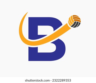 Letter B Volleyball Logo Concept With Moving Volley Ball Icon. Volleyball Sports Logotype Template