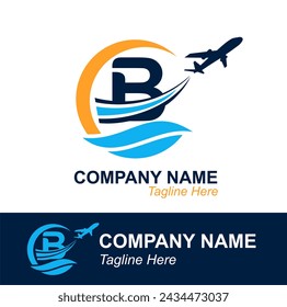 Letra B con logotipo de Onda y Avión Volador para Agencia de Viajes. Logotipo de diseño vectorial para etiqueta de transporte de viajes, turismo, publicidad de la compañía de vuelos