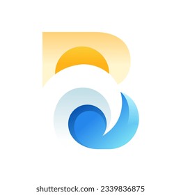 Letter B and Wave Sunrise Logo Design Illustration with Negative Space Style. Perfect for Holiday Travel Vacation Business