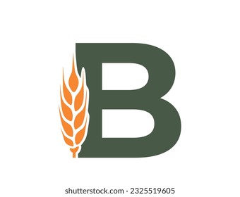 letter b with wheat ear. creative harvest alphabet logo. agriculture, grain crops and cereal farming design. isolated vector image