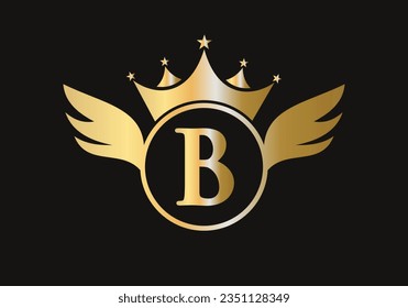 Letter B Wing Logo Concept With Crown Icon Vector Template. Wing Symbol