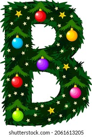 The letter B. Winter alphabet. The font is made in the form of a Christmas tree with decorations of balls and stars.