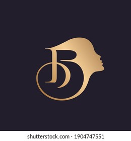 Letter B and woman portrait silhouette logo. Hair, beauty salon icon isolated on dark fund. Shiny gold color character shape. Profile view portrait of a young lady. Luxury, glamour style.Alphabet initial.