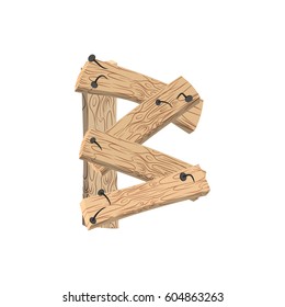 letter B wood board font. plank and nails alphabet. Lettering of boards. Country chipboard ABC