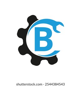 Letter B wrench and Gear Logo for mechanical, technology, repair service, automotive business, Construction Repair Logo Vector Template