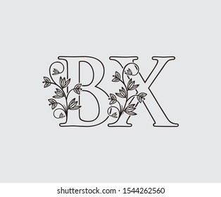 Letter B, X and BX Vintage Floral Logo Icon, overlapping monogram with hand drawn flower. Black color Logo on white background. Classy Letter Logo Icon.