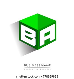 Letter BA logo in hexagon shape and green background, cube logo with letter design for company identity.
