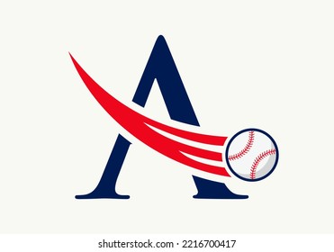 Letter A Baseball Logo Concept With Moving Baseball Icon Vector Template