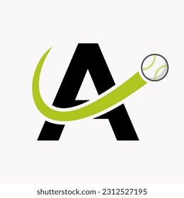 Letter A Baseball Logo Concept With Moving Baseball Icon Vector Template
