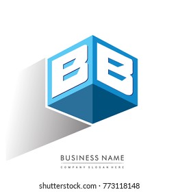 Letter BB logo in hexagon shape and blue background, cube logo with letter design for company identity.
