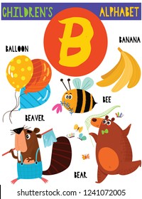 Letter B.Cute children's alphabet with adorable animals and other things.Poster for kids learning English vocabulary.Cartoon vector illustration.