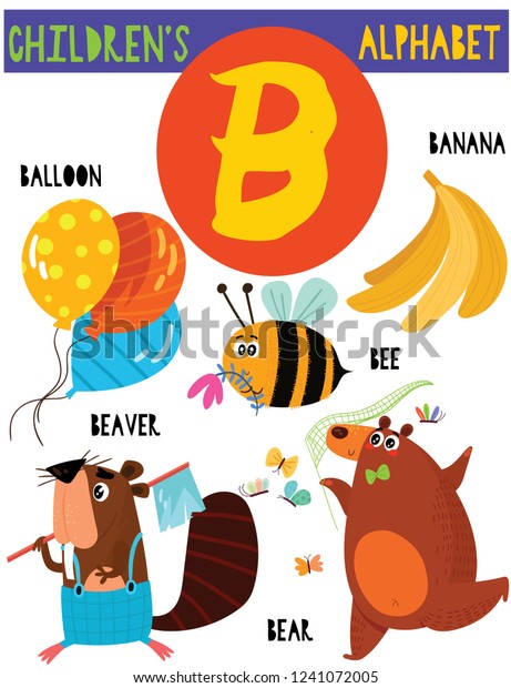文字b かわいい子どものアルファベットに愛らしい動物やその他のもの 英単語を学ぶ子ども向けのポスター 漫画のベクターイラスト のベクター画像素材 ロイヤリティフリー
