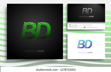 Letter BD logotype with colorful circle, with striped composition letter, sets of business card for company identity, creative industry, web.