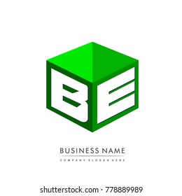 Letter BE logo in hexagon shape and green background, cube logo with letter design for company identity.
