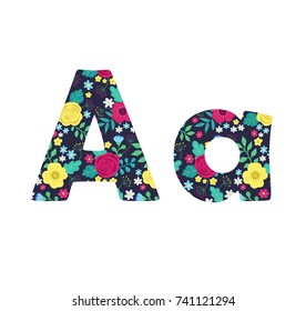 Letter A of beautiful cute spring hand drawn flowers on black background. Element of floral alphabet. Vector illustration, ABC element