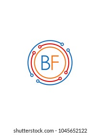 Letter BF logo circle frame monogram, mockup line round border design element, red blu and gray graphic tech geometric shape.