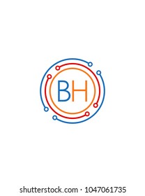 Letter BH logo circle frame monogram, mockup line round border design element, red blu and gray graphic tech geometric shape.