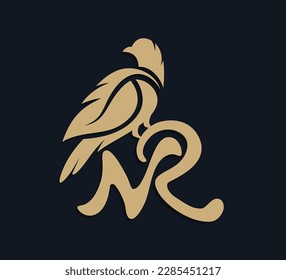 letter bird logo design template. combination of letter n, r, bird, leaf, letter m in negative space. gold color element object in dark blue background. luxury style symbol.