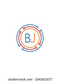 Letter BJ logo circle frame monogram, mockup line round border design element, red blu and gray graphic tech geometric shape.