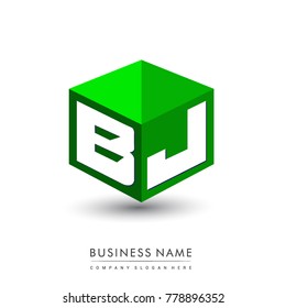 Letter BJ logo in hexagon shape and green background, cube logo with letter design for company identity.
