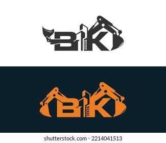 Letter BK Building With Excavator and skid steer Logo Design Concept. Creative Excavators, Construction Machinery Special Equipment Vector Illustration.