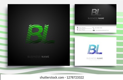 Letter BL logotype with colorful circle, with striped composition letter, sets of business card for company identity, creative industry, web.