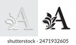 letter A Black flower alphabet. Beautiful capital letters with shadow