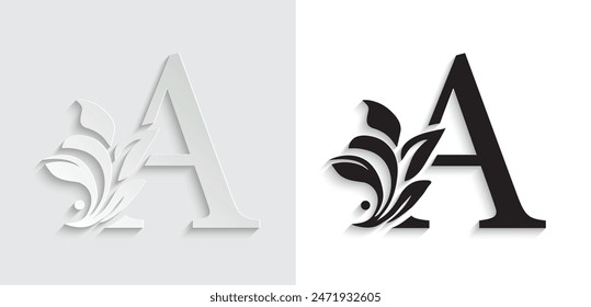 letter A Black flower alphabet. Beautiful capital letters with shadow