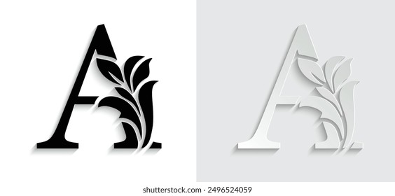 letter A Black flower alphabet. Beautiful capital letters with shadow
