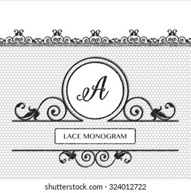 Letra A monograma de encaje negro, cosido sobre fondo de tul sin fisuras con borde floral de estilo antiguo. Formato vectorial EPS10.