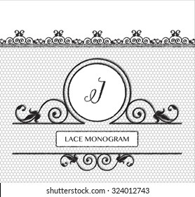 Monograma de encaje negro de la letra I, cosido sobre fondo de tul sin fisuras con borde floral de estilo antiguo. Formato vectorial EPS10.