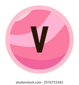 The letter ‘v’ in black on a vibrant pink candy swirl circle, perfect for adding sweetness to romantic creations.