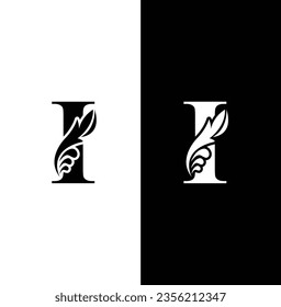 letter I black and white. flower  letters. Vintage ornament initial Alphabet. Logo vector 
