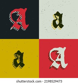 A letter blackletter style logo set with grunge texture. Stylish horror gothic icon font. Perfect for retro style identity, music album covers, movie posters, luxury packaging, medieval design.