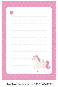 Letter, blank, wish list, page for notes in childish style in unicorn theme. Vector template suitable for to do list, party invitation and cute letter for postcrossing. 
