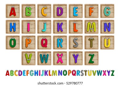 Letter Blocks. Vector illustration. Same view 26 letters of alphabet in wooden blocks.