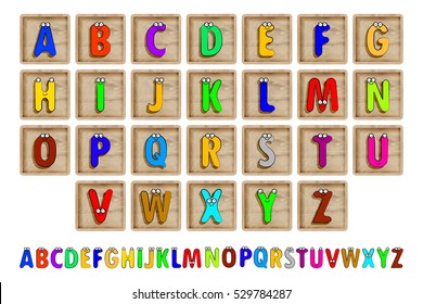 Letter Blocks. Vector illustration. Same view 26 letters of alphabet in wooden blocks.
