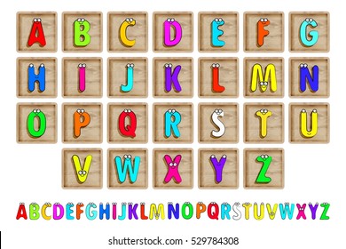 Letter Blocks. Vector illustration. Same view 26 letters of alphabet in wooden blocks.