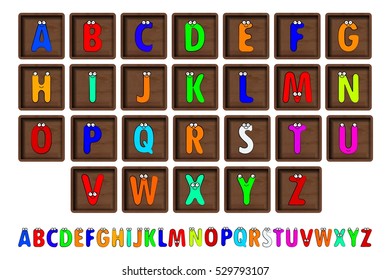Letter Blocks. Vector illustration. Same view 26 letters of alphabet in wooden blocks.
