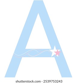 The letter A is blue with stars and curved lines in white and pink on a white paper background.vector illustration