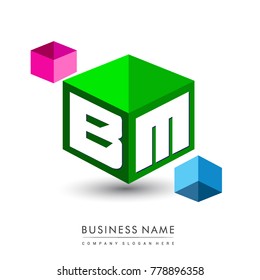 Letter BM logo in hexagon shape and green background, cube logo with letter design for company identity.
