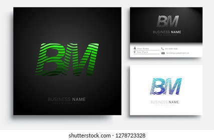 Letter BM logotype with colorful circle, with striped composition letter, sets of business card for company identity, creative industry, web.