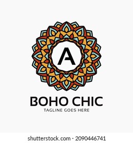 letra A boho elegante decoración redonda color vintala mandala elemento de diseño del logotipo del vector